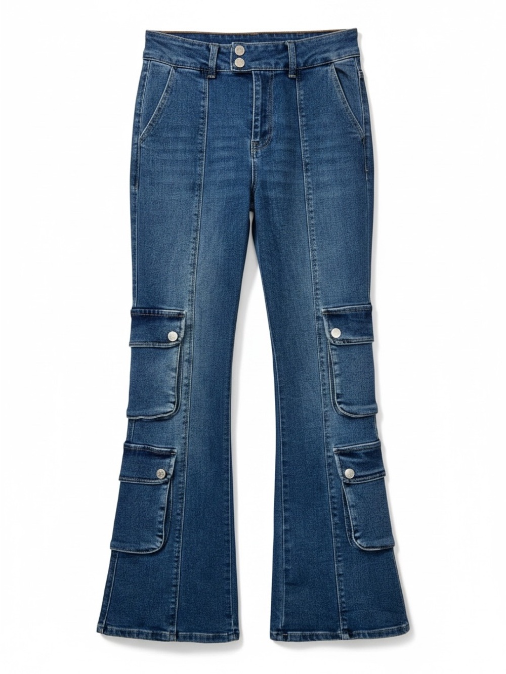 Forever 21 Womens 28 Cargo Flare Jeans High Rise Stretch Y2K Utility Blue Denim